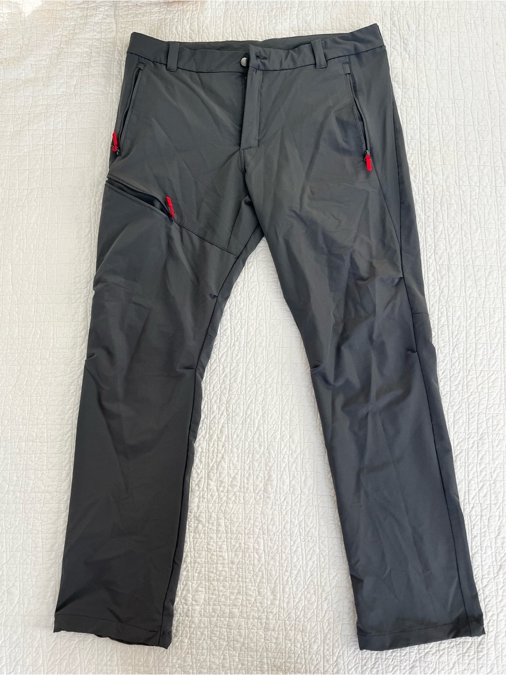 Pacific Crest gray hiking pants with red zipper accents, size L